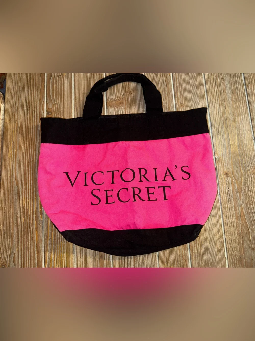 Victoria's Secret LARGE Canvas Hot Pink & Red Tote with Black Trim
